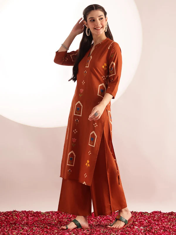 Rust Orange Printed Cotton Kurta Set for Women