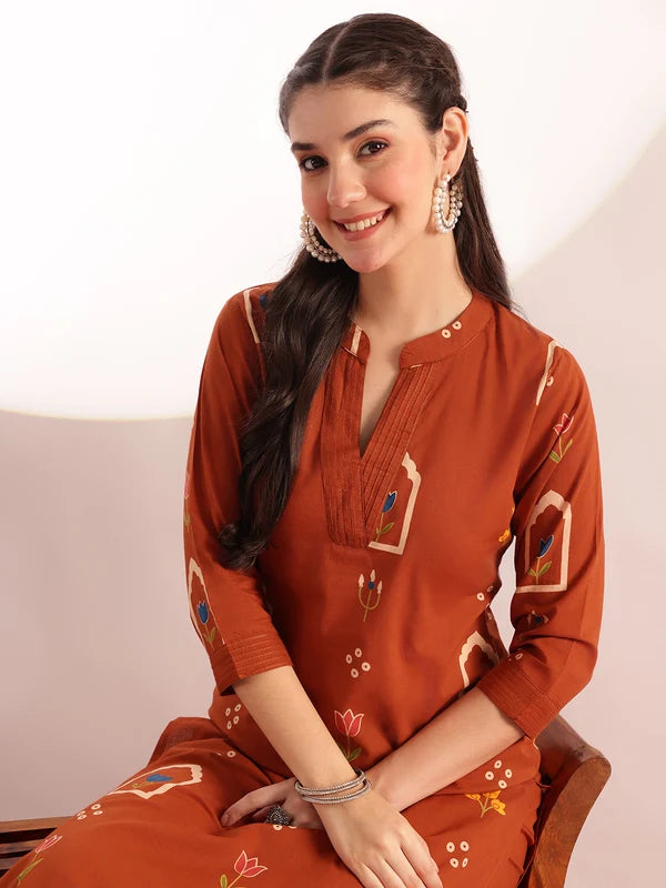 Rust Orange Printed Cotton Kurta Set for Women