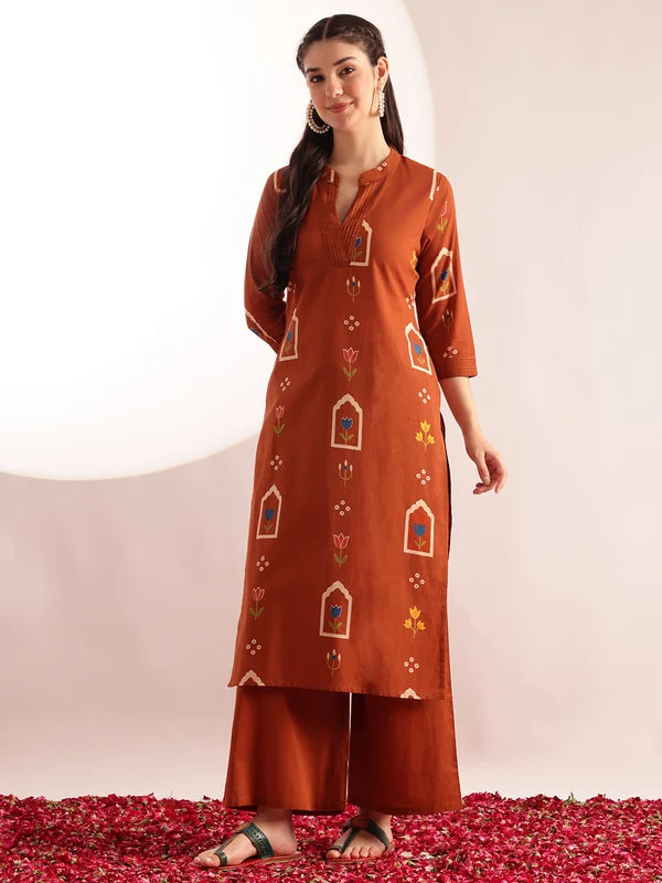 Rust orange printed cotton kurta set for women with straight kurta and palazzo pants