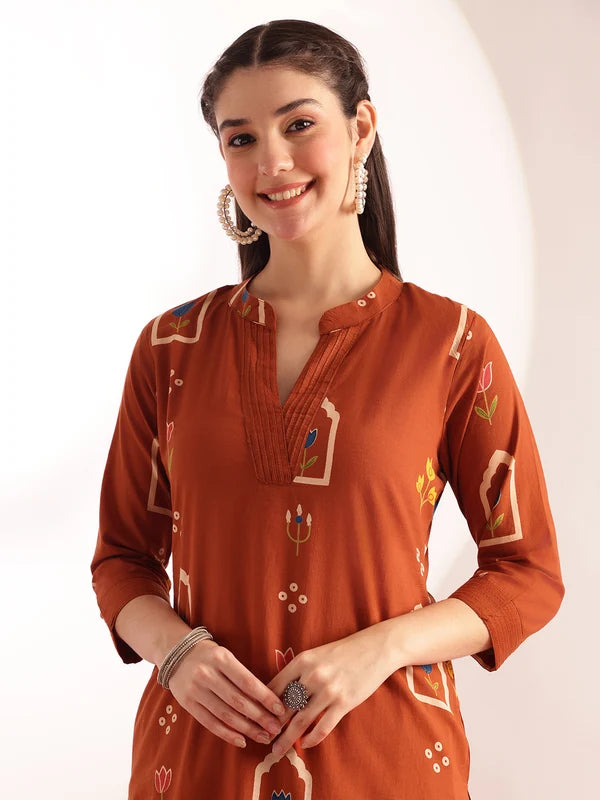 Rust Orange Printed Cotton Kurta Set for Women