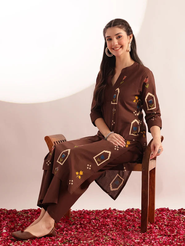 Rust Orange Printed Cotton Kurta Set for Women