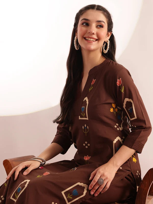 Rust Orange Printed Cotton Kurta Set for Women