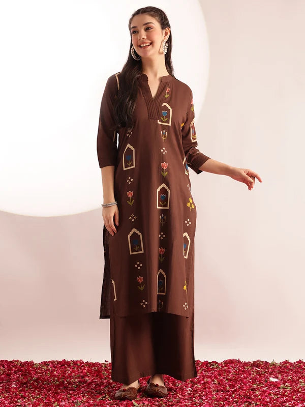 Brown printed cotton kurta set for women with straight kurta and palazzo pants