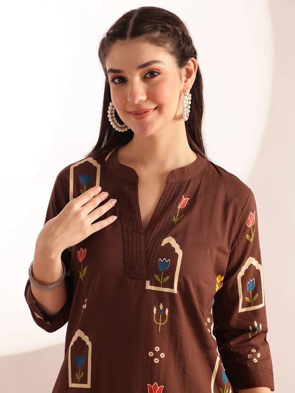 Rust Orange Printed Cotton Kurta Set for Women