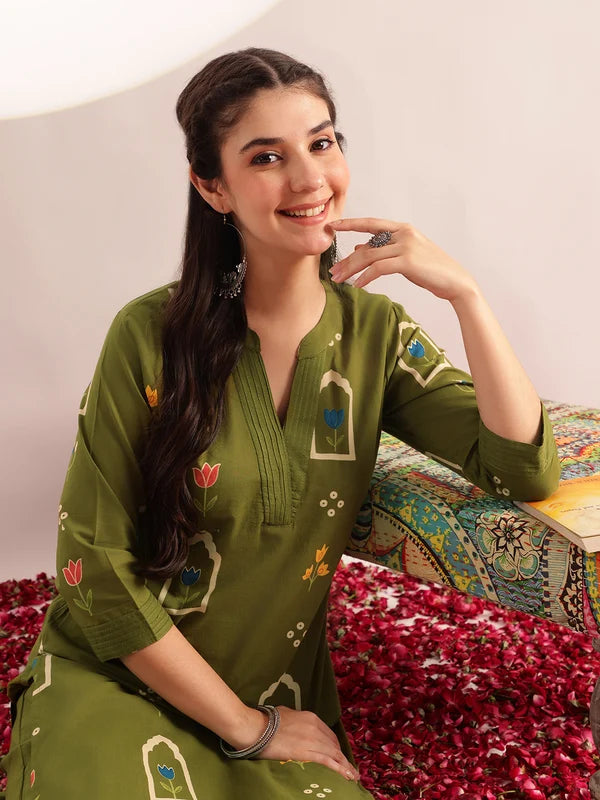Rust Orange Printed Cotton Kurta Set for Women