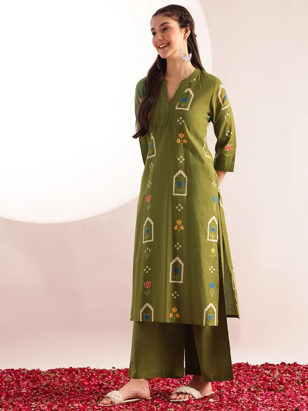 Green printed cotton kurta set for women with straight kurta and palazzo pants