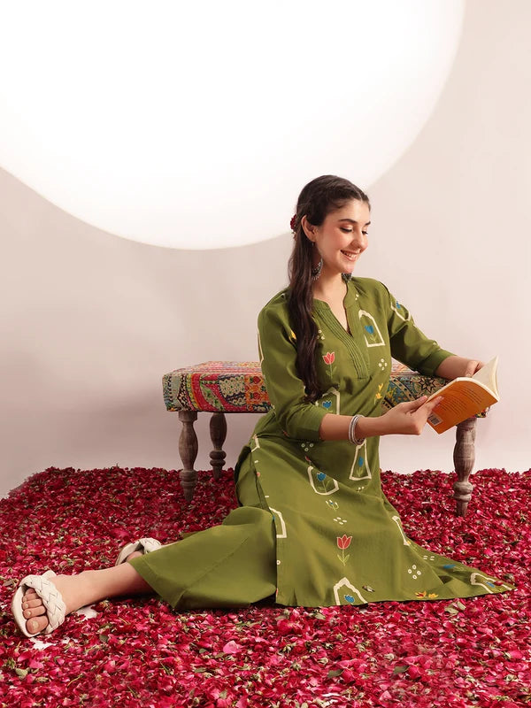 Rust Orange Printed Cotton Kurta Set for Women