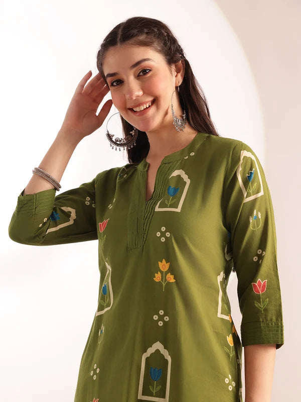 Rust Orange Printed Cotton Kurta Set for Women