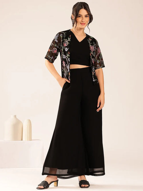 Black floral georgette 3-piece set for women with crop top, shrug and wide-leg pants