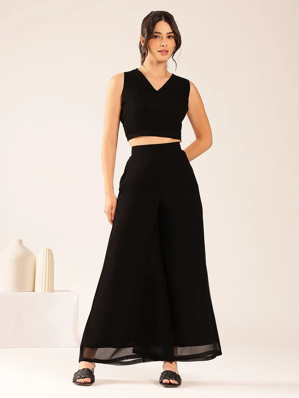 Black Solid Straight Georgette Stitched Kurta