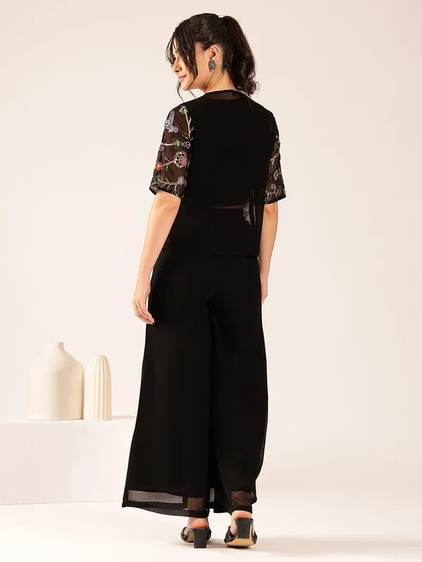 Black Solid Straight Georgette Stitched Kurta