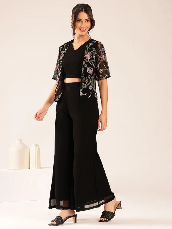 Black Solid Straight Georgette Stitched Kurta