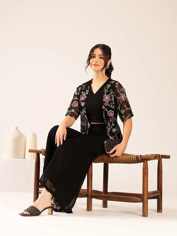Black Solid Straight Georgette Stitched Kurta