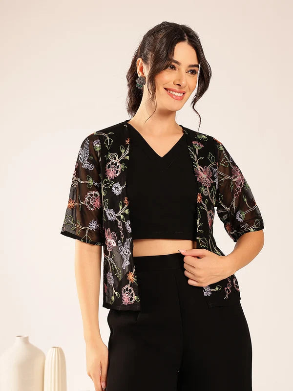 Black Solid Straight Georgette Stitched Kurta