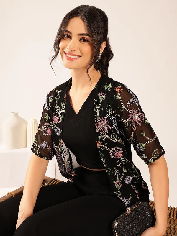 Black Solid Straight Georgette Stitched Kurta