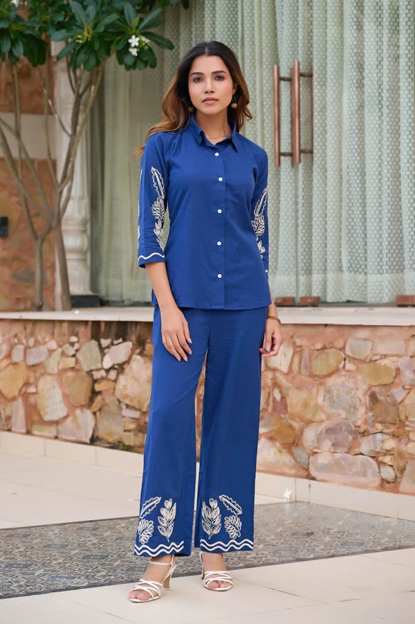Blue floral printed cotton co-ord set for women with shirt-style top and wide-leg pants