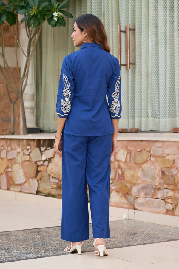Blue Floral Straight Cotton Stitched Co-Ord Set