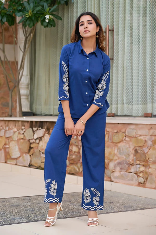 Blue Floral Straight Cotton Stitched Co-Ord Set