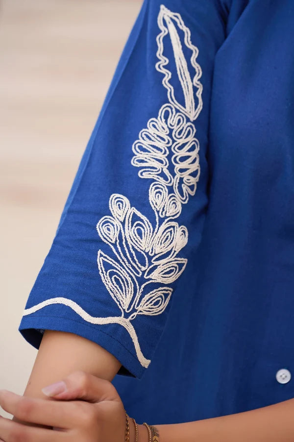 Blue Floral Straight Cotton Stitched Co-Ord Set