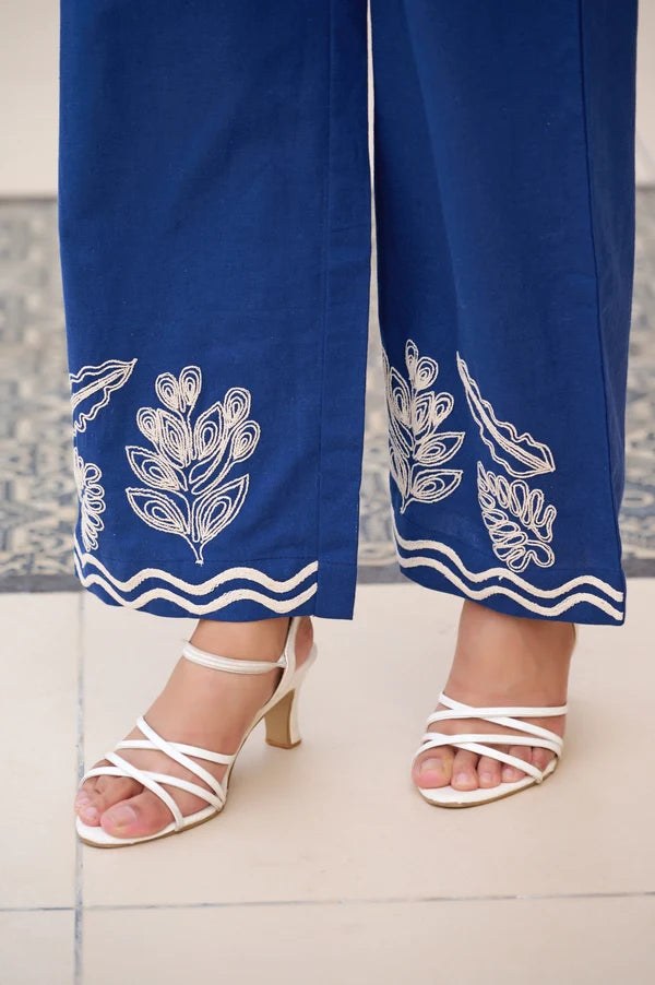 Blue Floral Straight Cotton Stitched Co-Ord Set