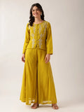 Yellow embroidered georgette sharara co-ord set for women with flared pants