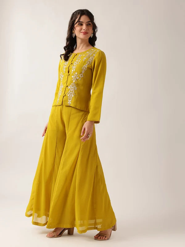 Yellow Floral Straight Georgette Co-Ord Set (Sharara)