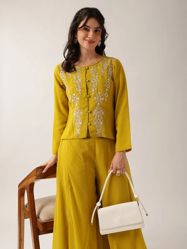 Yellow Floral Straight Georgette Co-Ord Set (Sharara)
