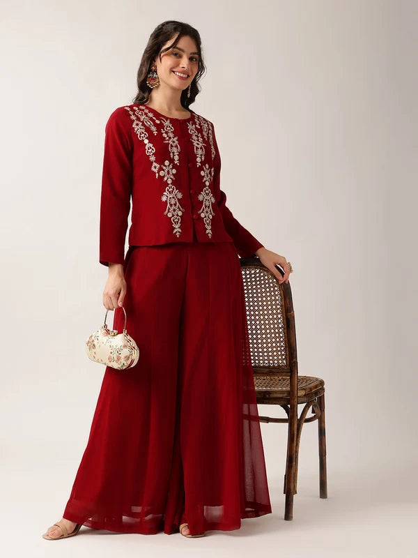 Burgundy embroidered georgette sharara co-ord set for women with flared pants