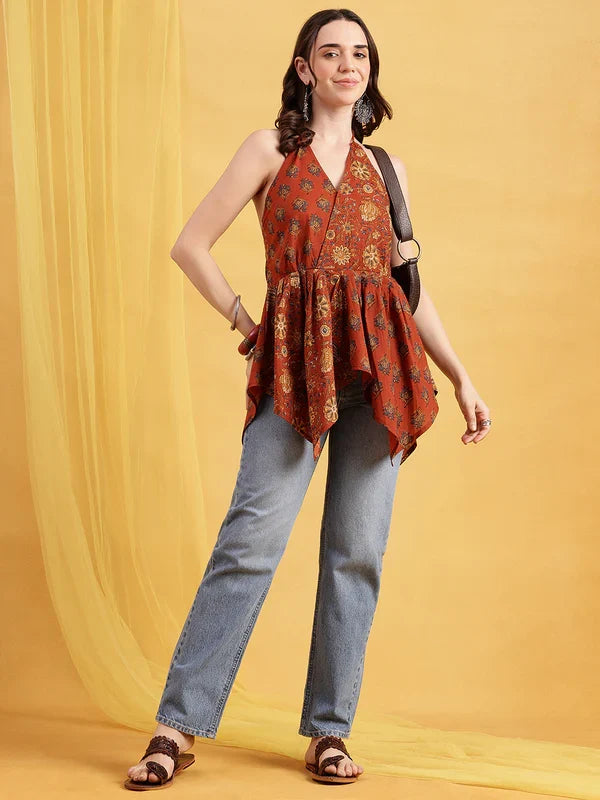 Women’s Rust Orange Printed Cotton Halter Top
