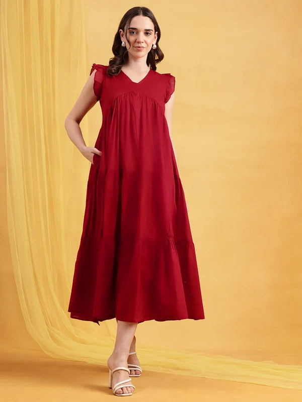 Women’s red solid cotton Anarkali dress with ruffle sleeves