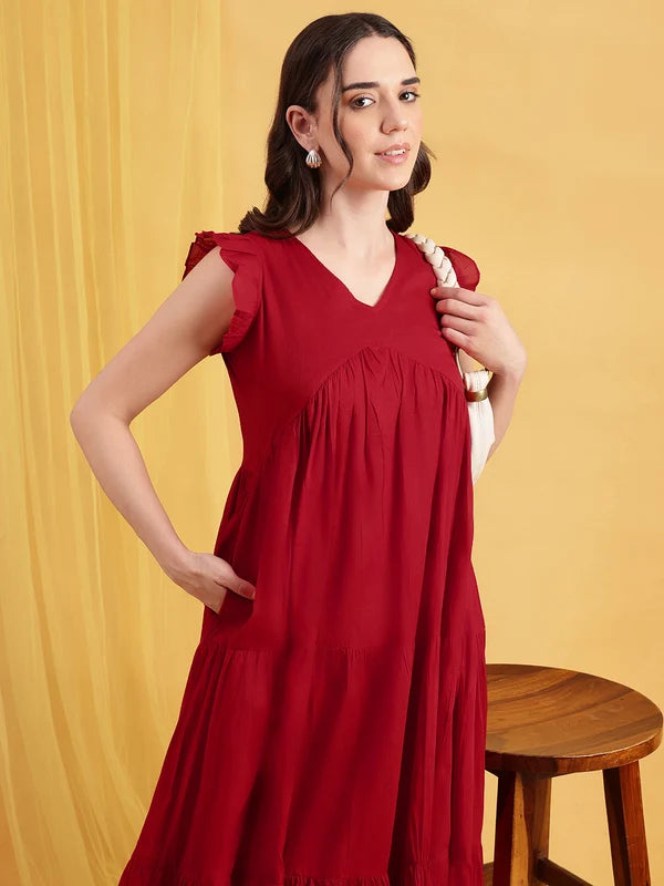 Coffee Brown Solid Cotton Anarkali Midi Dress