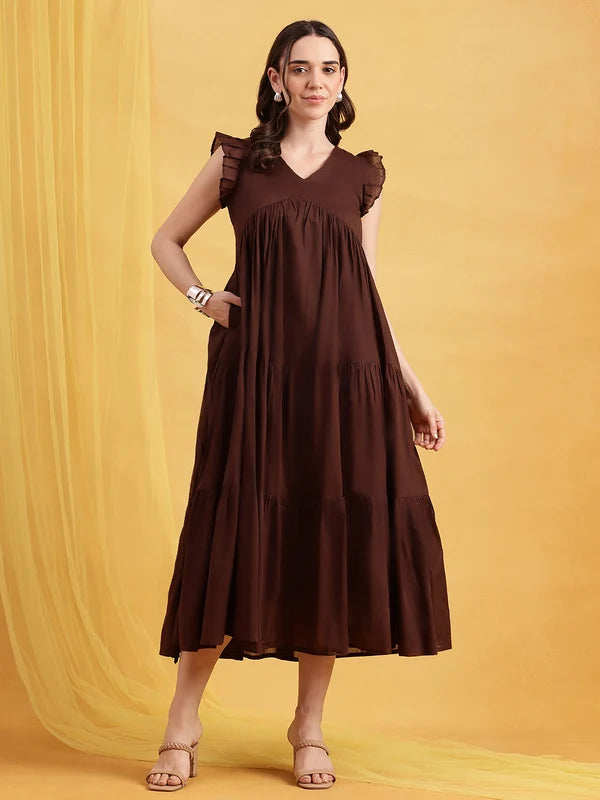 Women’s coffee brown solid cotton Anarkali dress with ruffle sleeves