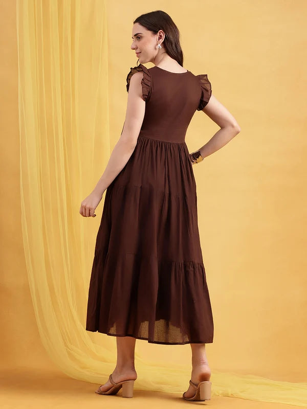 Coffee Brown Solid Cotton Anarkali Midi Dress