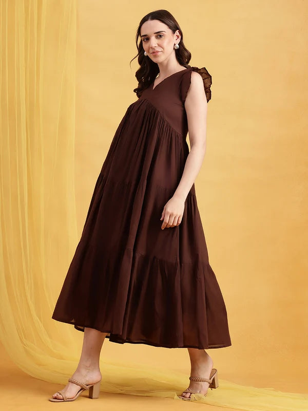 Coffee Brown Solid Cotton Anarkali Midi Dress