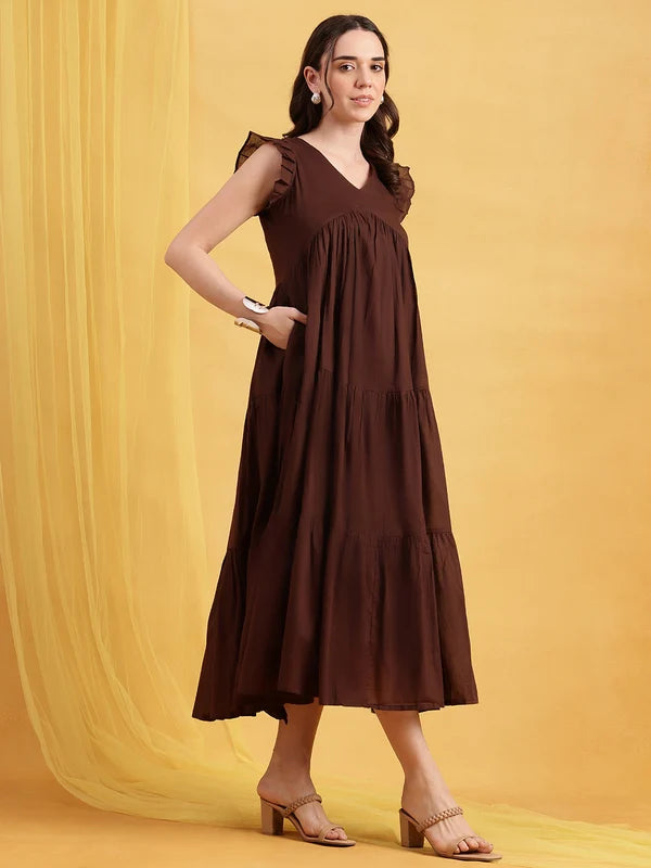 Coffee Brown Solid Cotton Anarkali Midi Dress