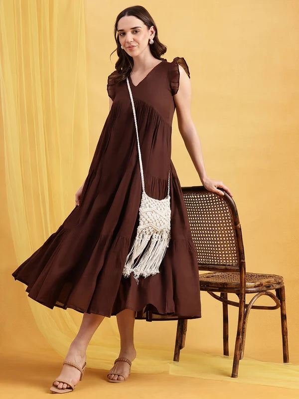 Coffee Brown Solid Cotton Anarkali Midi Dress