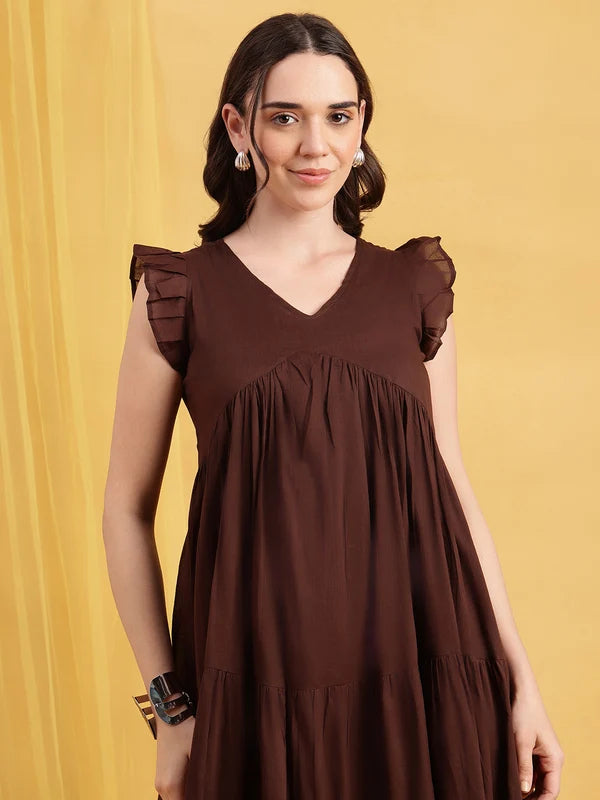 Coffee Brown Solid Cotton Anarkali Midi Dress