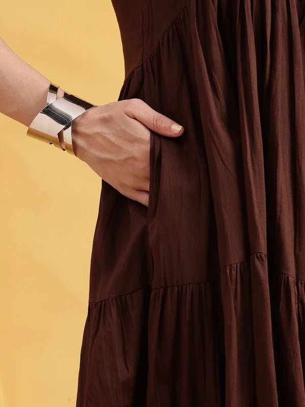 Coffee Brown Solid Cotton Anarkali Midi Dress