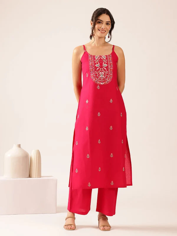 Pink printed cotton straight kurta set for women with embroidered yoke and palazzo pants