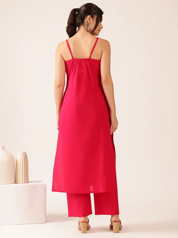 Pink Floral Straight Cotton Stitched Kurta With Palazzo