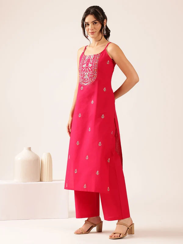 Pink Floral Straight Cotton Stitched Kurta With Palazzo