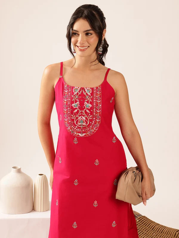 Pink Floral Straight Cotton Stitched Kurta With Palazzo