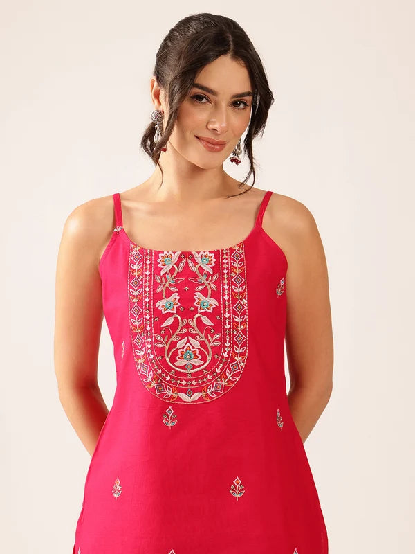 Pink Floral Straight Cotton Stitched Kurta With Palazzo