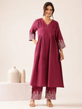 Burgundy embroidered kurta set for women with pleated kurta and printed trousers