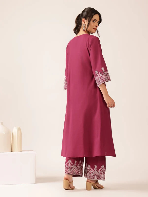Burgundy Embroidered Kurta with Trousers