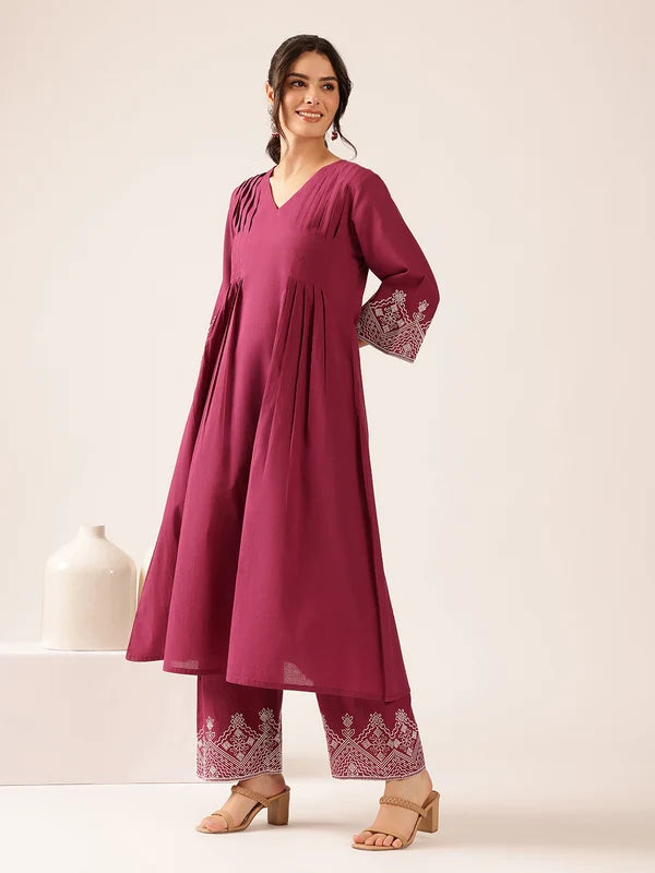 Burgundy Embroidered Kurta with Trousers