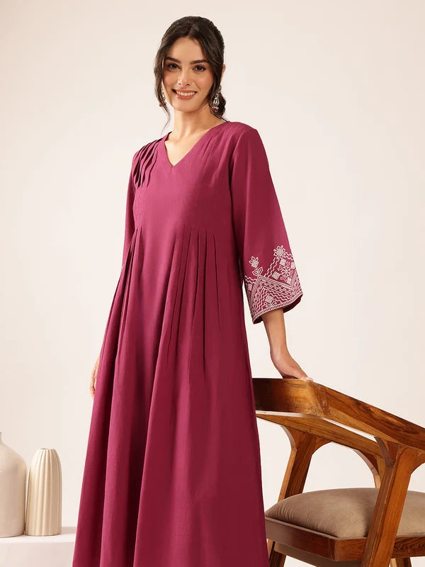 Burgundy Embroidered Kurta with Trousers