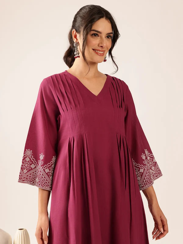Burgundy Embroidered Kurta with Trousers