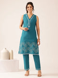 Teal green thread work cotton straight kurta set for women with matching pants