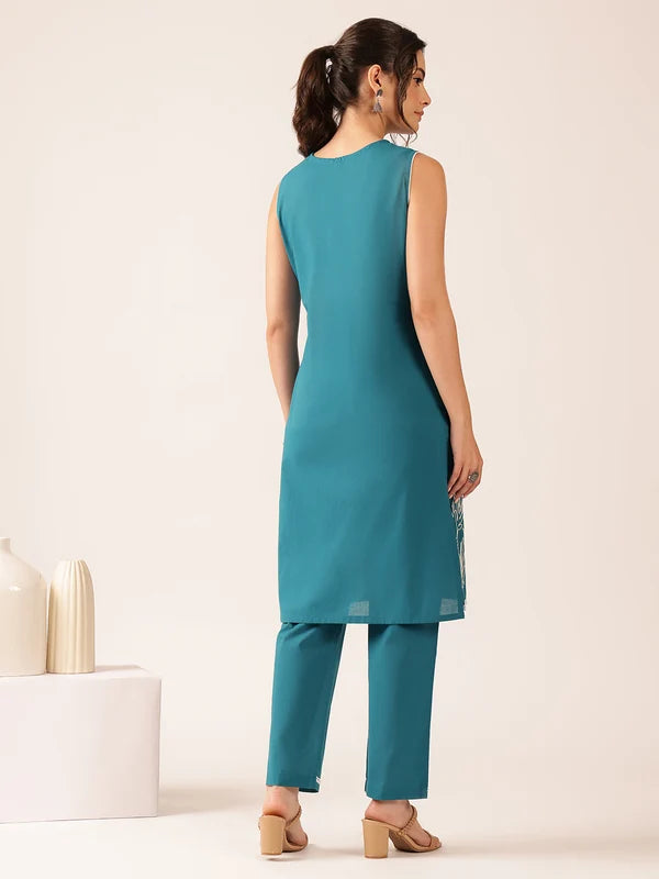 Teal Green Thread Work Straight Cotton Stitched Kurta With Pant